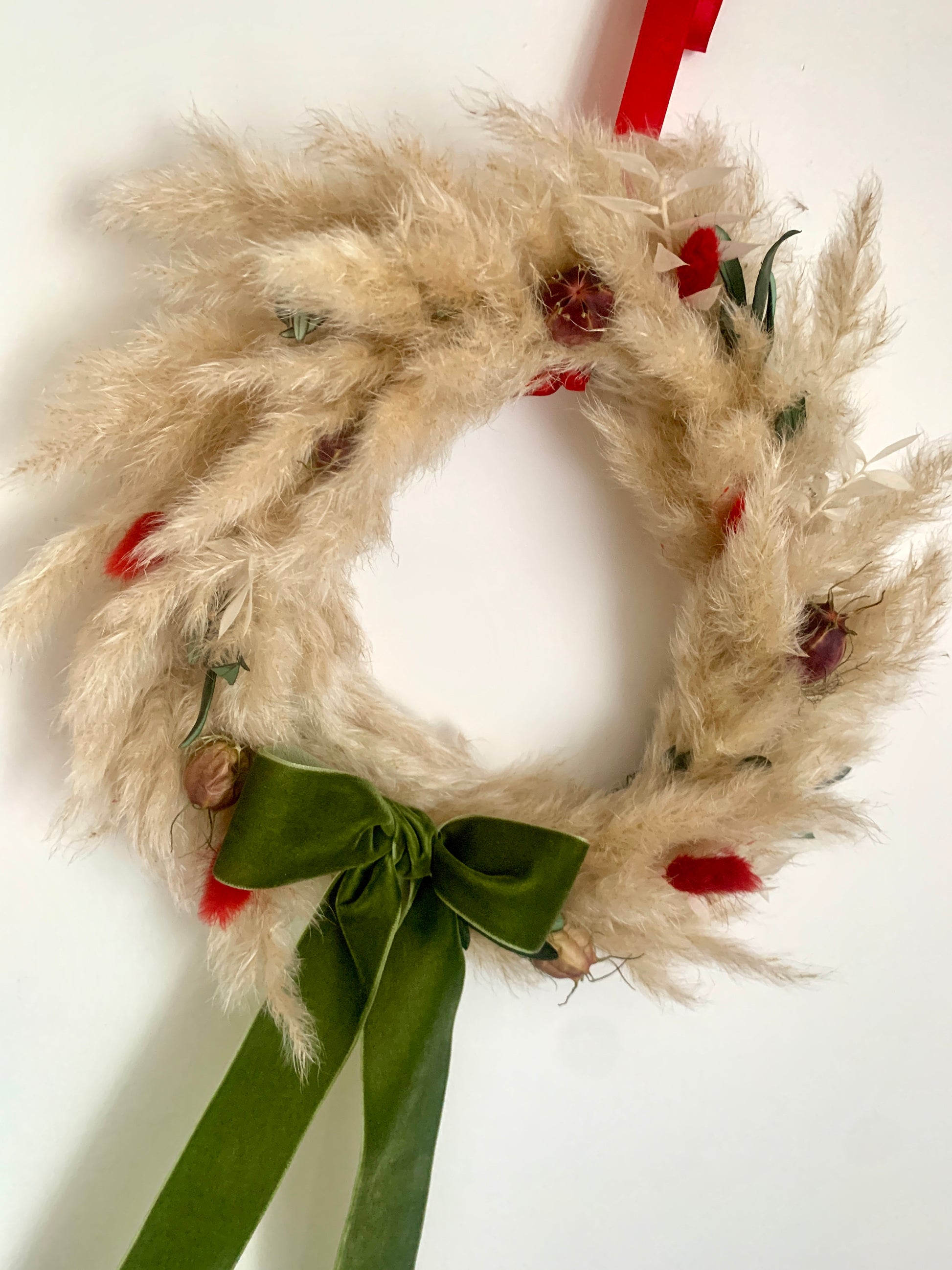 30cm Olive and Red Pampas grass Christmas Wreath