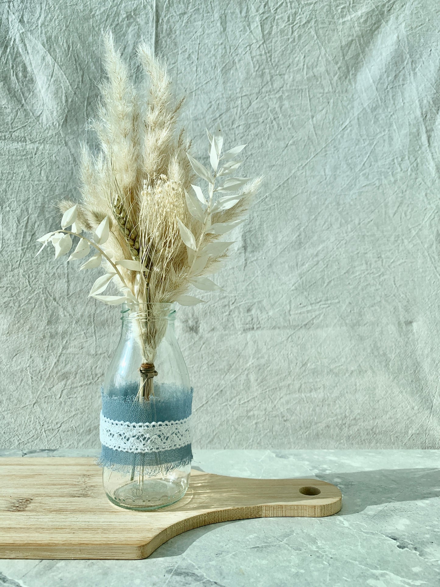 Blue and White Ribbon Milk Bottle Flower Vase