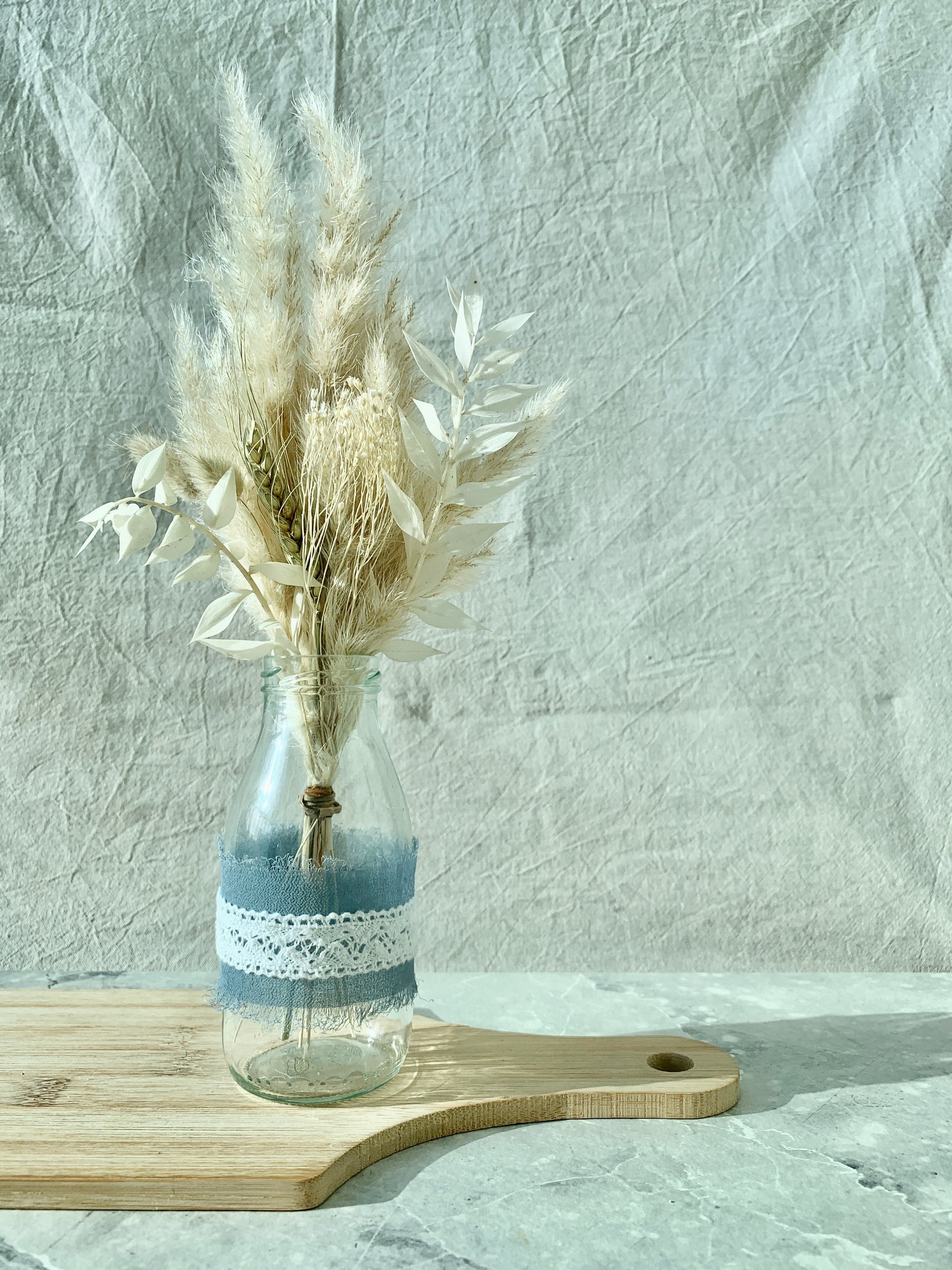 Blue and White Ribbon Milk Bottle Flower Vase