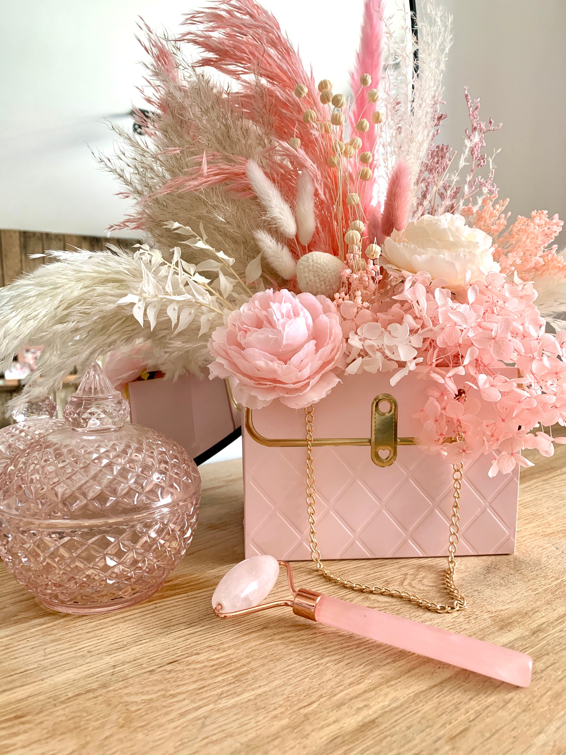 Chanel Rose Pink and White Dried Flower Arrangement