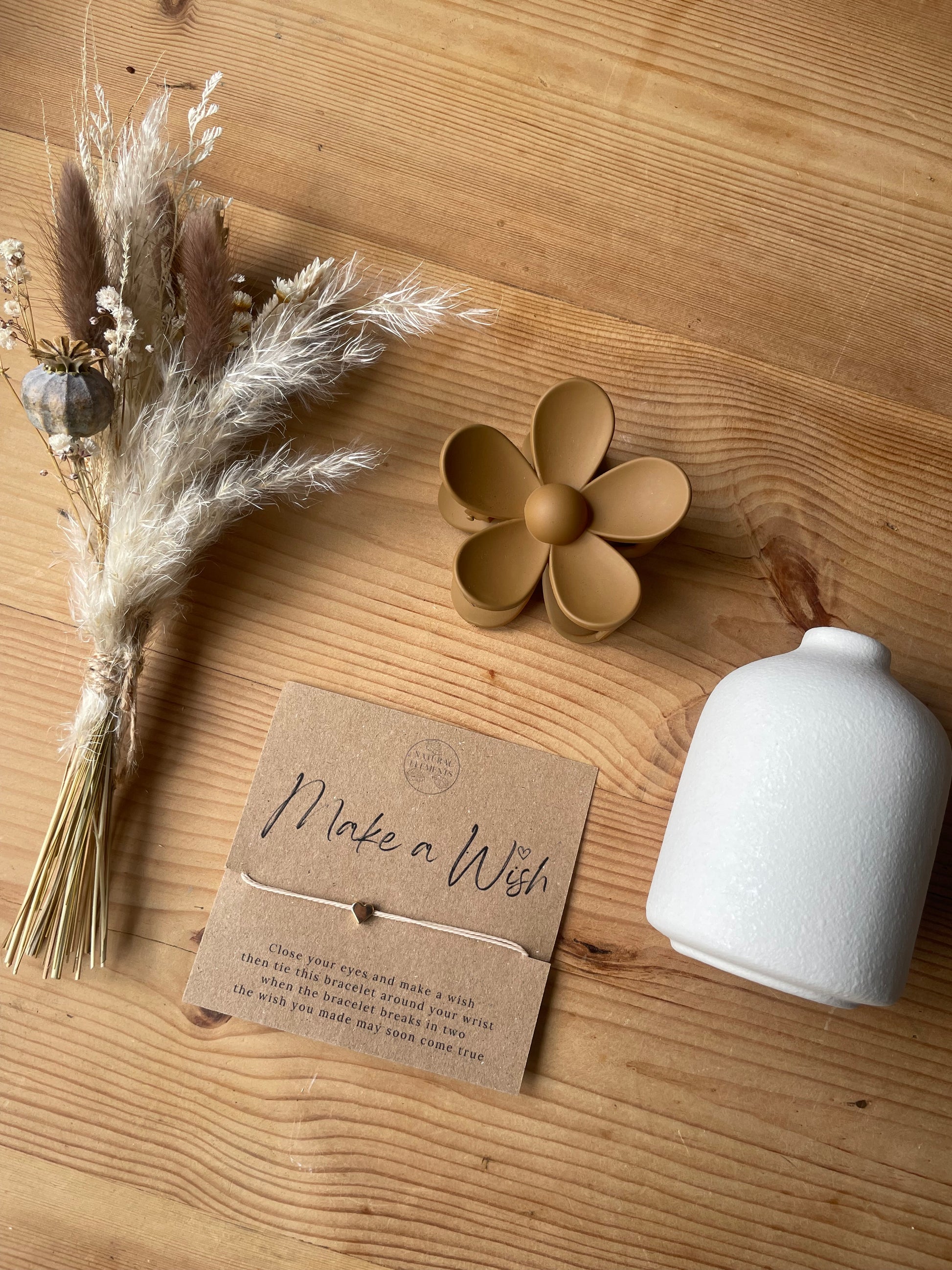 Cocoa Dried Flower Mini Bouquet and White Ceramic Vase with Brown Daisy Hair Clip and Cord Bracelet