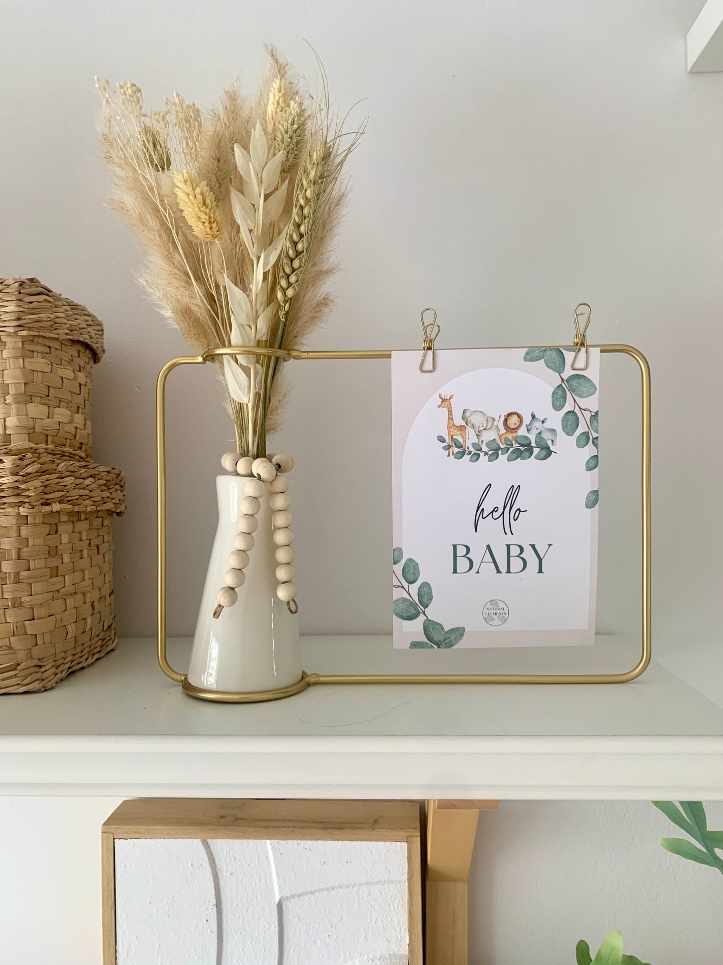 Hello Baby Neutral Dried Flower Gold Photo Frame