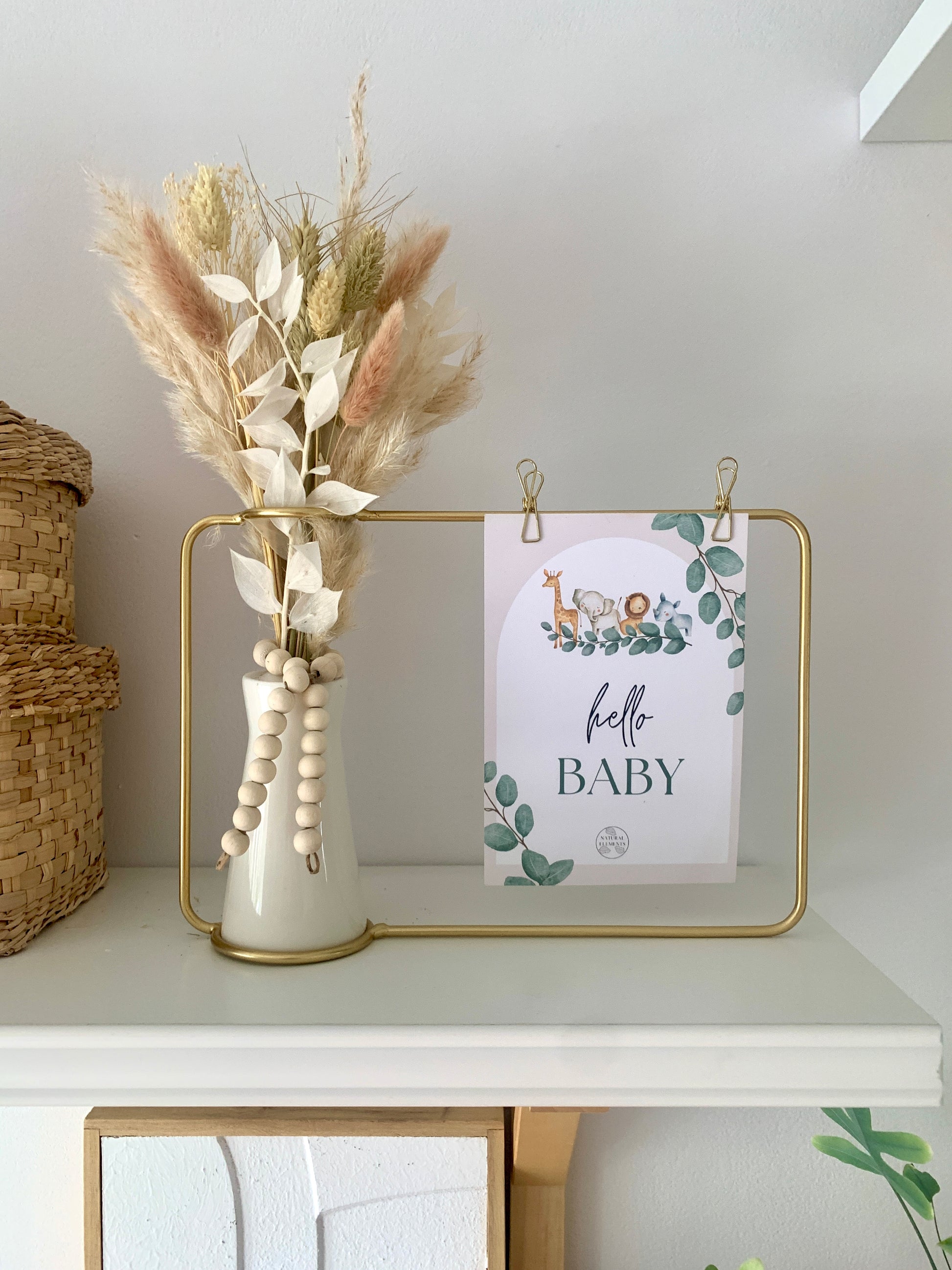 Hello Baby Pink Dried Flower Gold Photo Frame