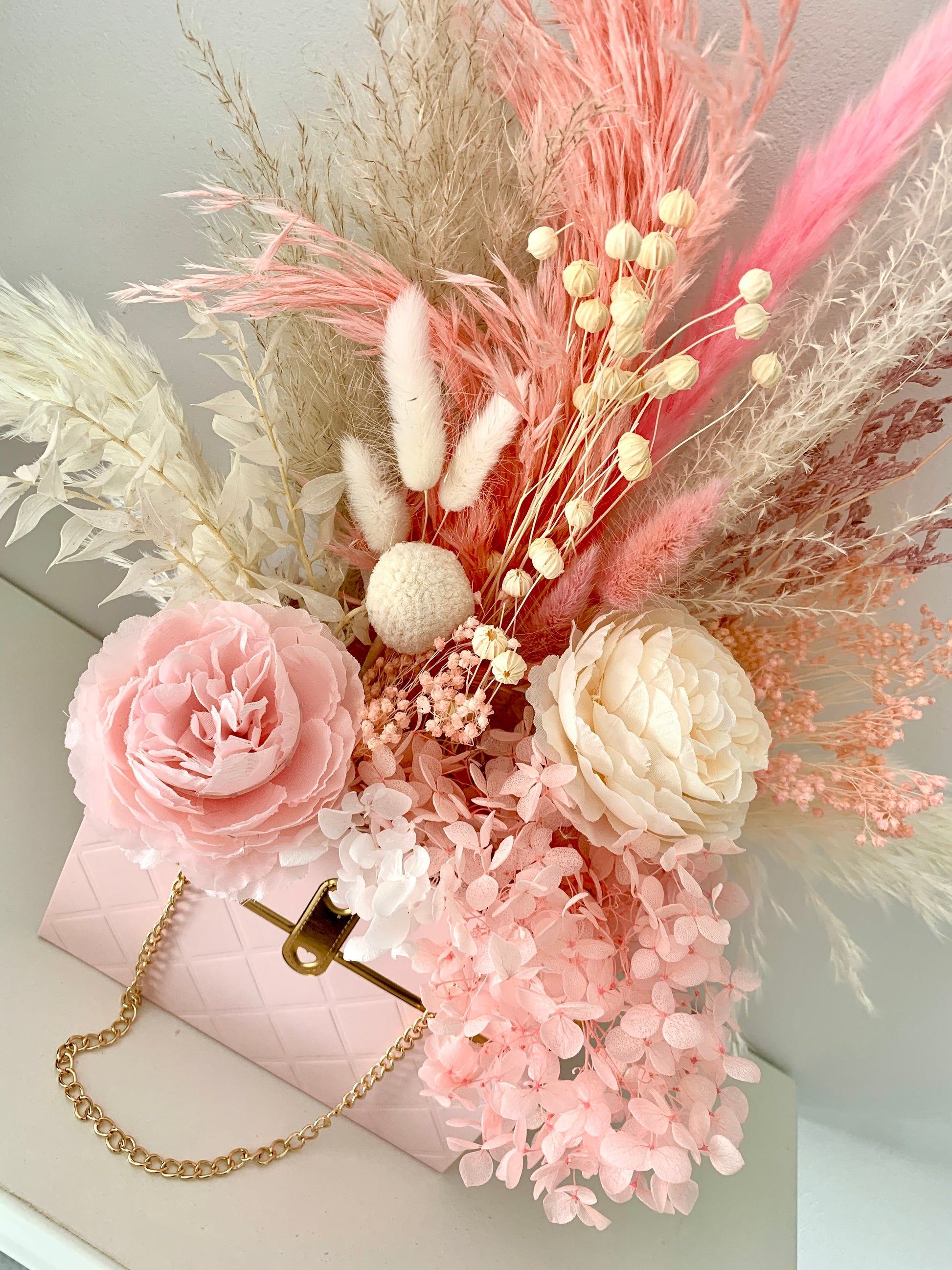 Pink and White Dried Preserved Silk Flower Arrangement