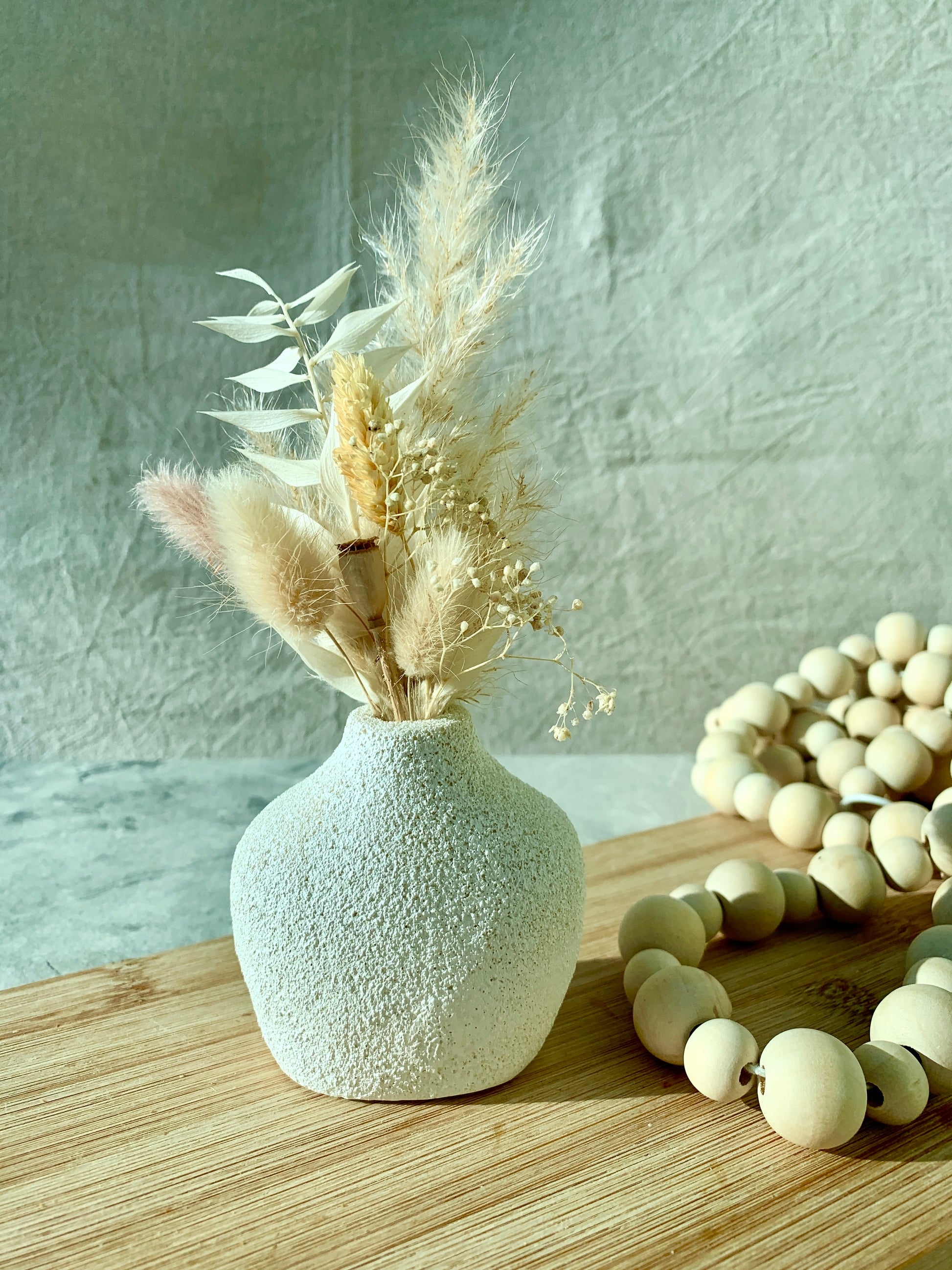 Mini white vase with neutral dried flower vase topper