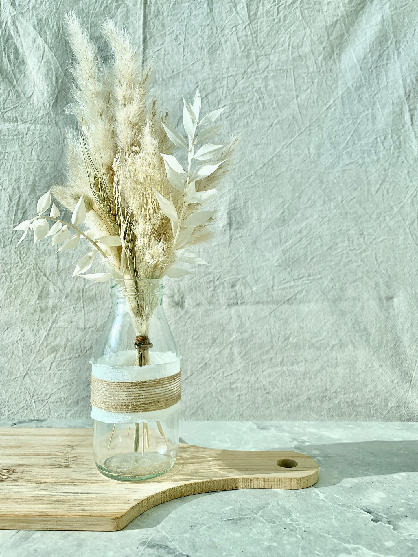 White and Burlap Ribbon Milk Bottle Flower Vase