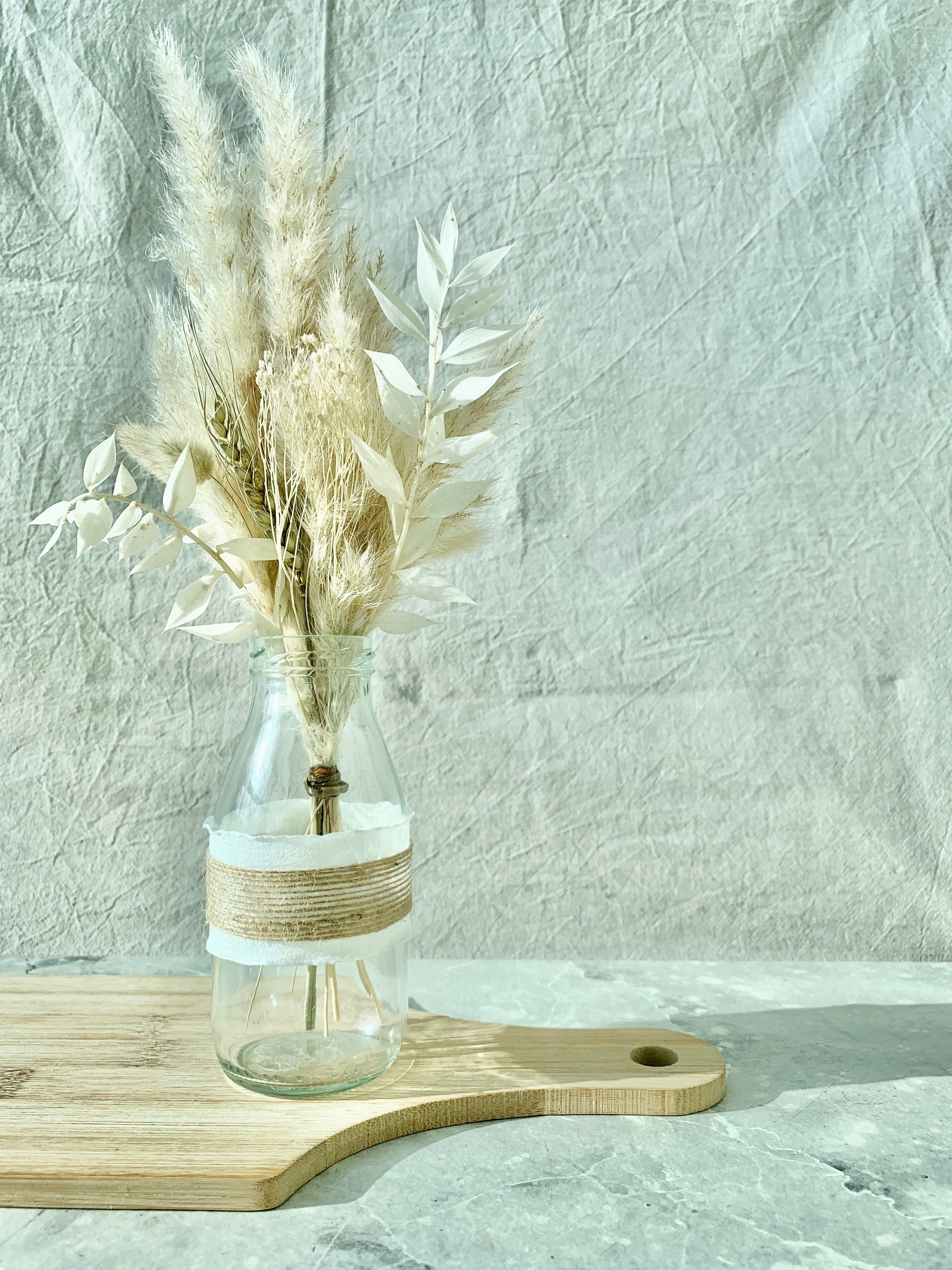 White and Burlap Ribbon Milk Bottle Flower Vase