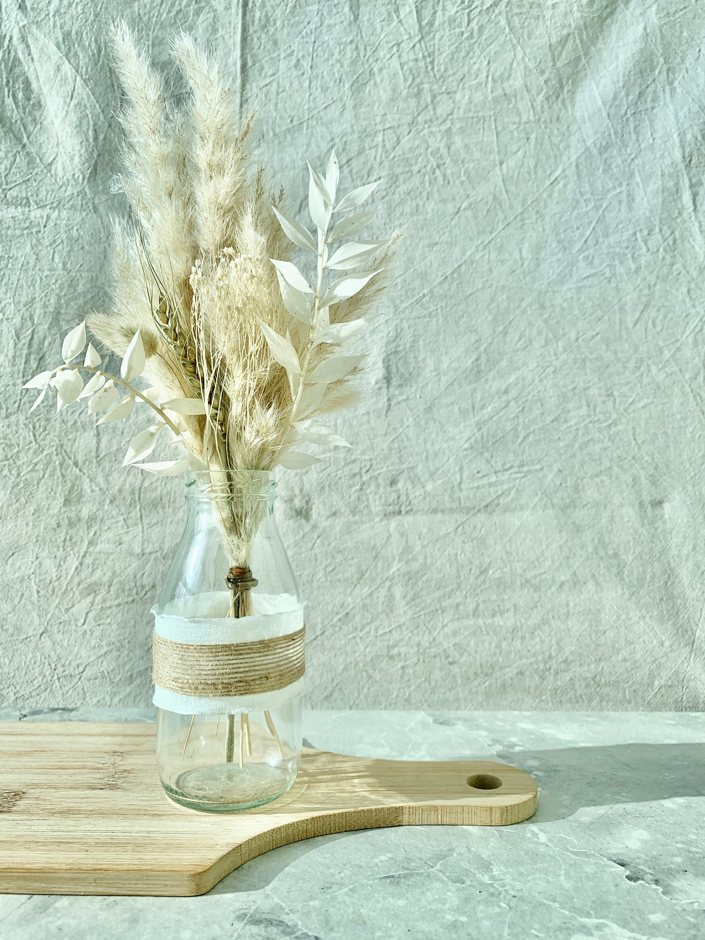 White and Burlap milk bottle vase